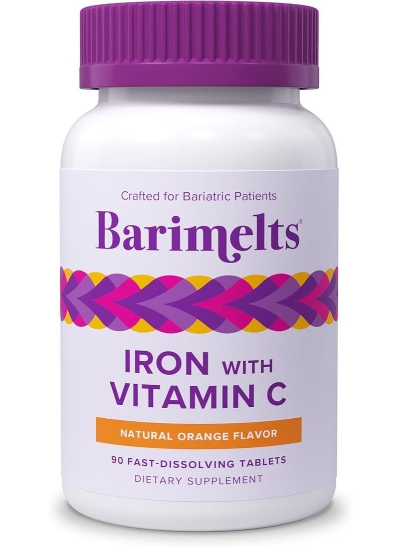 BariMelts الحديد مع فيتامين سي، فيتامينات قابلة للذوبان لعلاج السمنة لمرضى WLS بما في ذلك تحويلة المعدة وتكميم المعدة، بنكهة البرتقال الطبيعية - 90 قرصًا سريع الذوبان - Image 1